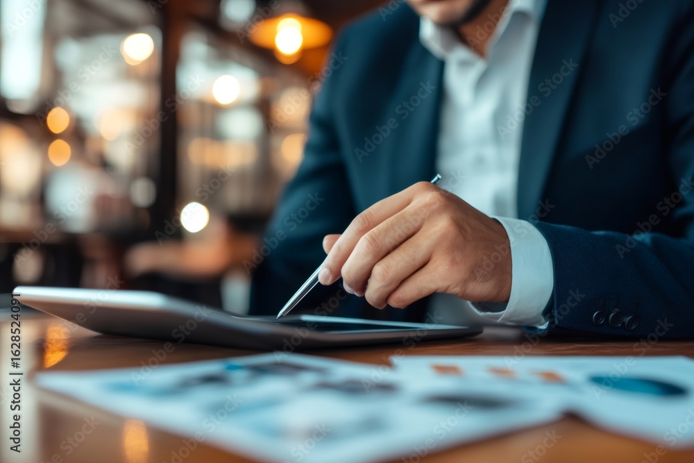 Poster businessman using a stylus to interact with a tablet, analyzing charts and data in a restaurant sett