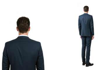 Two businessmen in suits viewed from behind isolated on transparent background