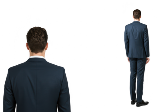 Two businessmen in suits viewed from behind isolated on transparent background