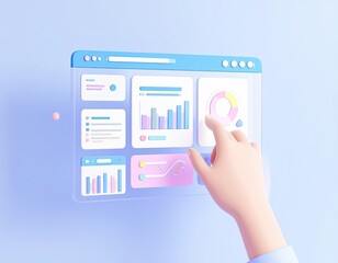 3D cartoon hand interacts with a transparent digital screen showing various data analysis charts