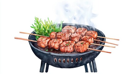 Grilled Meat Skewers with Herbs on a Charcoal Barbecue