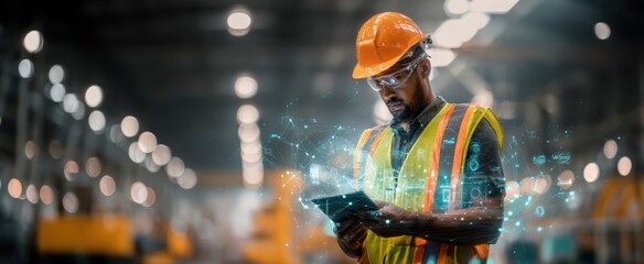 The construction worker using a tablet for digital task management in a warehouse.