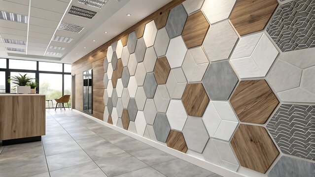 Modern Interior Design: Hexagonal Wall Tiles with Wooden and Gray Textures in a Bright, Contemporary Hallway. - Powered by Adobe