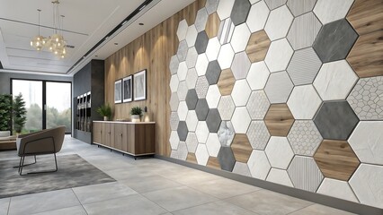 Modern Interior Design with Hexagonal Wall Tiles, Stylish Furniture, and Elegant Lighting for a Contemporary Living Space.