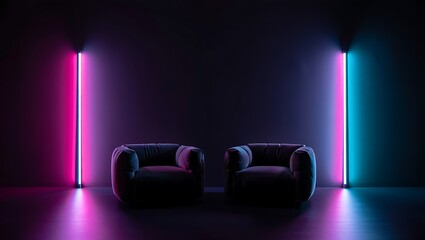 Futuristic dark lounge with two plush armchairs illuminated by vibrant pink and cyan neon vertical lights.