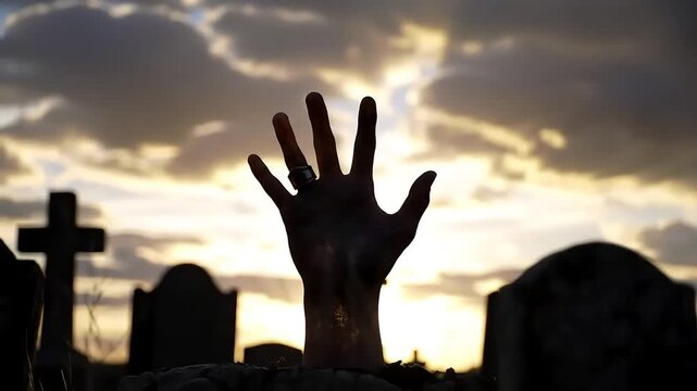 Hand Reaching in a Cemetery at Sunset A Spooky Vibe