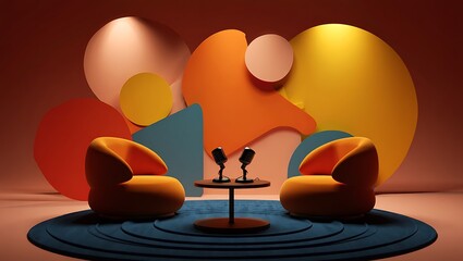 Inviting modern podcast studio with two orange armchairs and microphones against a colorful organic abstract backdrop.