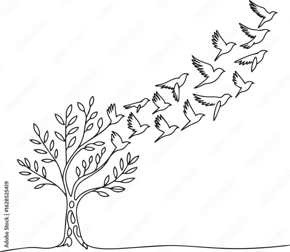 Poster continuous one line drawing of a tree with leaves transforming into flying birds, symbolizing freedo