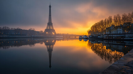 Naklejka premium Eiffel Tower at sunrise with light fog and river reflections