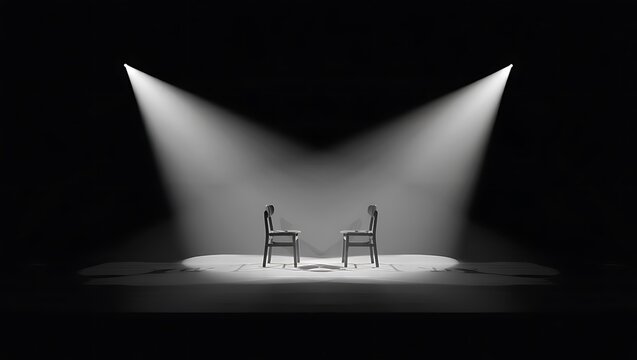Stark Empty Stage with Two Minimalist Dark Chairs Under Converging White Spotlights