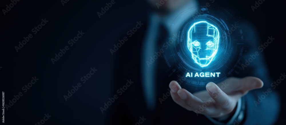 Poster ai agent interface – faceless executive presenting holographic display with “ai agent” above glowing
