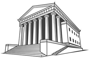 Classical columns of the U.S. Supreme Court create a commanding presence, embodying justice and tradition in American architecture, modern flat illustration style.