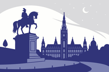 Fototapeta premium Evening settles on Vienna as the Archduke Charles statue casts long shadows near the parliament building and city lights begin to glow, modern flat illustration style.