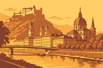 Fototapeta premium Golden autumn sunset colors Salzburg’s skyline with warm tones, while the Salzach River reflects the charm of the old city, modern flat illustration style.