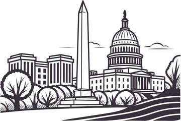 Washington skyline rendered in crisp monochrome shows historic buildings and city layout in bold graphic design, modern flat illustration style.