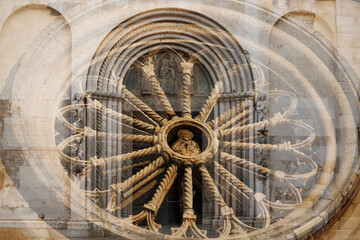 Historical cathedral in Zadar, Croatia. Aesthetic double exposure background. Rose window and main portal. Baroque design. Saint Anastasia