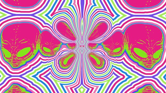 Seamless psychedelics loopable animation of alien heads cartoon style with hippie mandala effect