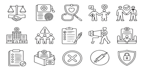 Law and Legal Services Line Icons Set – Justice, Contracts, Family Law, Court, Prohibition Outline Vector Illustration

