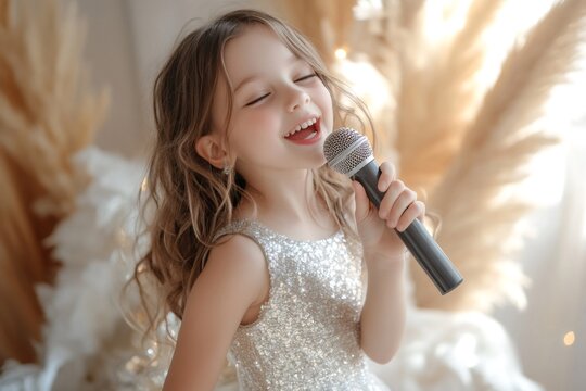 Little girl with long brown hair, wearing a sequined silver dress, happily singing into a microphone