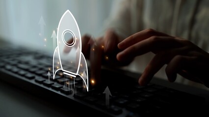 Startup launch and business growth concept, rocket symbolism, entrepreneurship, startup innovation,...