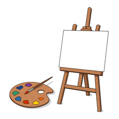 Painting materials, easel and palette vector illustration. Recreation, entertainment and peaceful