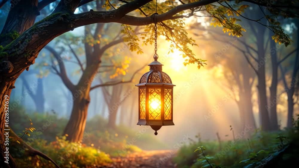 Poster golden lantern hanging from tree branch with sunlight beaming through forest mist