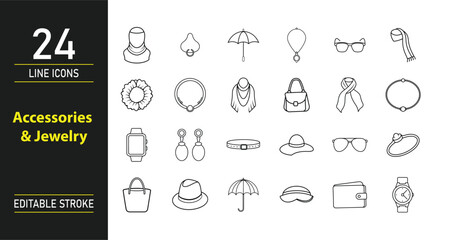 Accessories & Jewelry Line Icons Set – Fashion Vector Icons for Bags, Scarves, Watches, Earrings, Rings, and Sunglasses