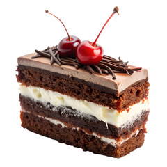 Delicious slice of chocolate cake with cherry on top, isolated on transparent background, a sweet and tasty dessert for a gourmet treat and indulgence