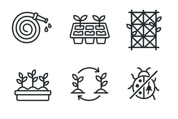 Gardening icons: hose, seedlings, trellis, planter, crop rotation, pest control