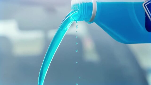 Pouring blue windshield washer fluid for clear vehicle visibility