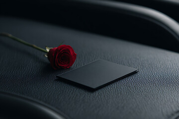 mysterious gift-giving, keycard for private jet, black leather gloves, and a red rose