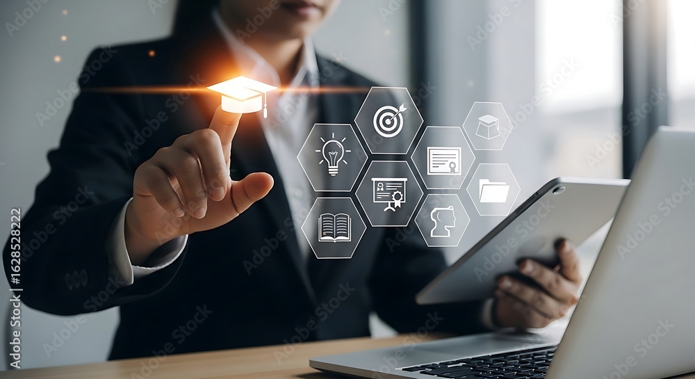 Poster business professional interacting with futuristic digital interface displaying business icons and da
