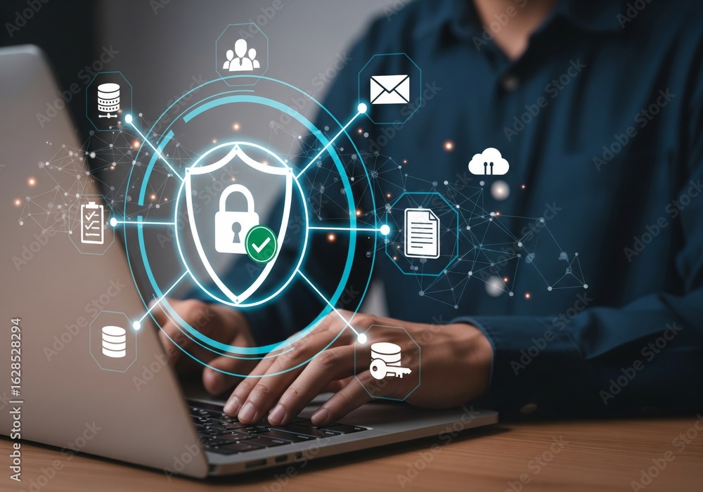 Poster cybersecurity,data protection technology concept with shield icon,secure digital access,privacy encr
