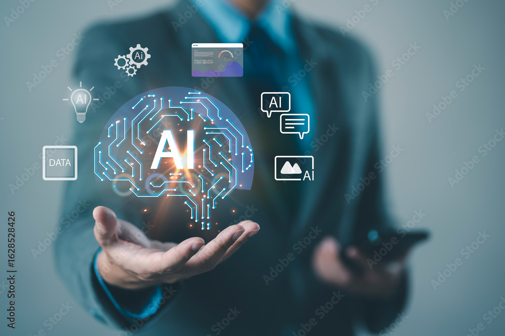 Poster businessman holding a virtual ai brain interface with data and chat icons, representing artificial i