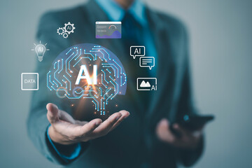 Businessman holding a virtual AI brain interface with data and chat icons, representing artificial intelligence, digital transformation, machine learning, and innovative business technology.