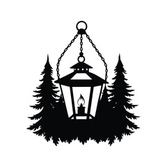 Elegant Lantern Silhouette with Evergreen Trees, Creating a Winter Forest Scene