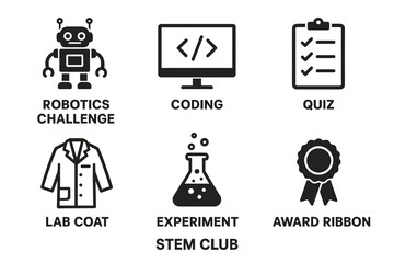 Fototapeta premium Robotics, coding, and stem club symbols: challenge, quiz, and experiment icons