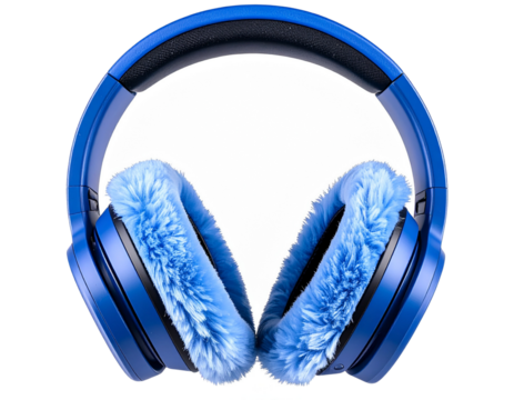 ozy blue headphones with fuzzy ear cushions, isolated on transparent background for - Powered by Adobe