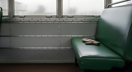 **Rain-streaked schoolbus seat with forgotten mitten and copy space**  