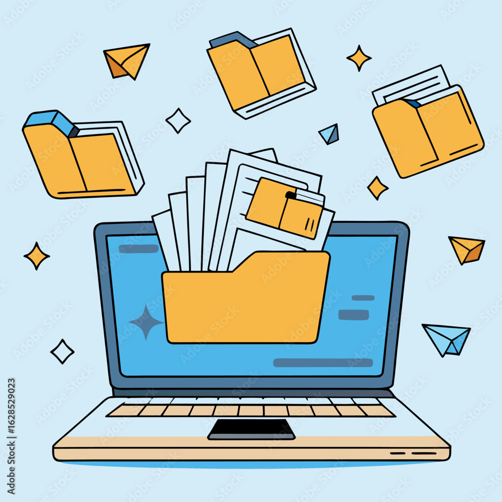 Poster laptop screen displaying a digital file transfer with multiple files