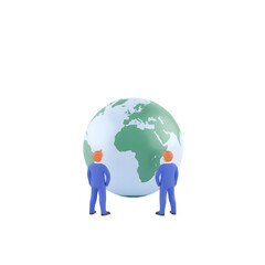 Two businessmen observing a glowing earth isolated on transparent background