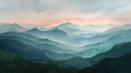 Obraz premium Misty mountain landscape at sunrise with soft pastel colors