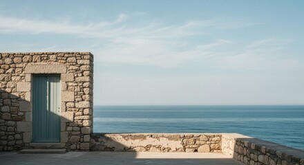 Seaside solitude, a stone building with a turquoise door stands against the horizon