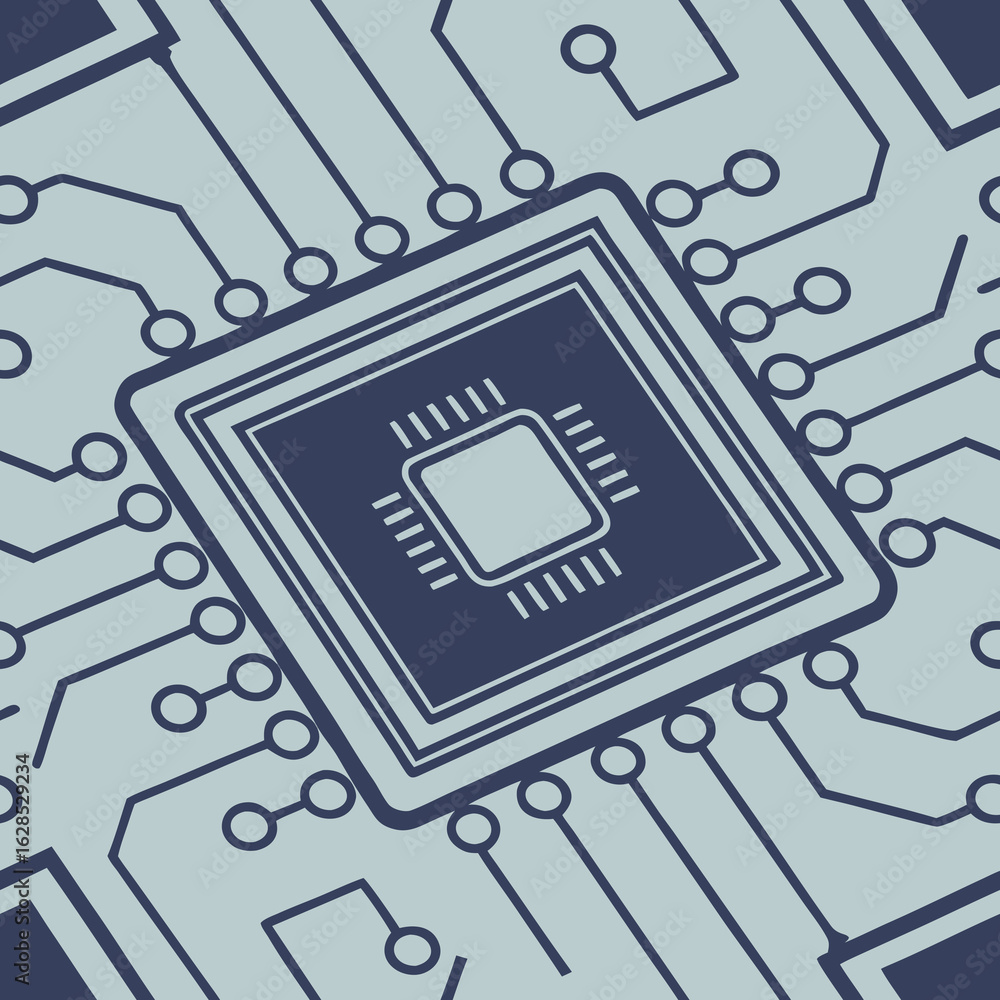Poster glowing neon frame around a computer processor on a circuit board