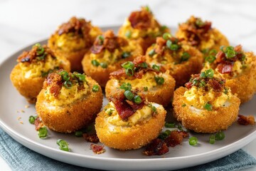 Fototapeta premium Crispy, golden-brown deviled eggs, topped with bacon bits and green onions, arranged on a light gray plate