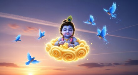 Naklejka premium Baby krishna sitting on a cloud with birds flying around at sunset