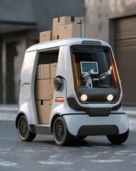 An autonomous delivery truck driven by a robot is driving down a city street carrying packages