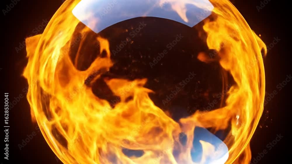 Poster fiery sphere floating on a black background showing intense flames with transparency