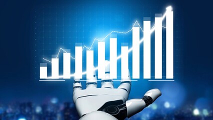 A futuristic robotic hand reaches towards a financial graph, symbolizing growth and innovation in...