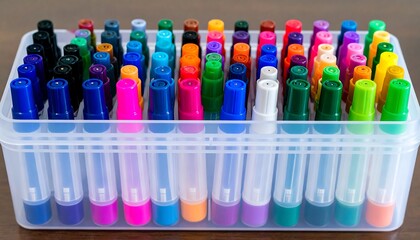 Organized rainbow: A collection of colorful markers neatly arranged in a clear plastic storage container.